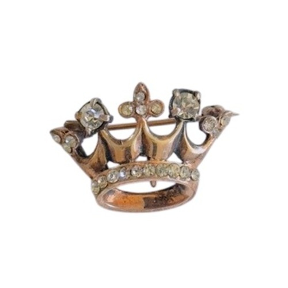 VTG Art Deco Royal Crown Brooch pin Regal Gold Wash Crystal sterling 925 silver